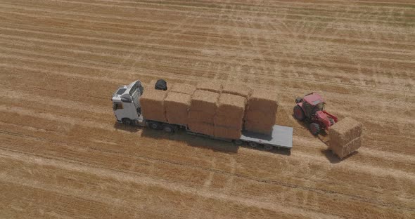 Tractor loading Hay bales onto a trailer, Aerial view. alt