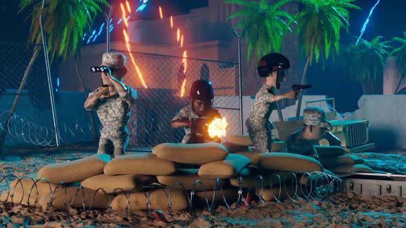 Military guys in a trench with wires are attacking a target. Fighting soldiers. alt