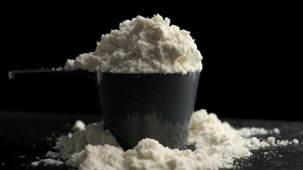 Circular Motion of Scoop with Protein Powder on Black Background
