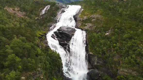 Nyastolfossen falls, waterfall in Husedalen valley, Kinsarvik, Norway