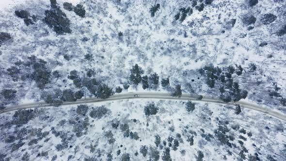 Top View of a Car Driving on a Snowy Winter Road in the Forest
