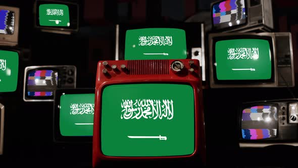 Flag of Saudi Arabia on Retro TVs. 4K.