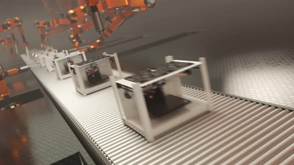 Fast robotic arms assembling 3d printer on a factory line in a loop. 4k HD alt