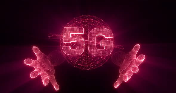 hand on 5G Global network world map digital artificial intelligence Ai technology Data cloud red alt