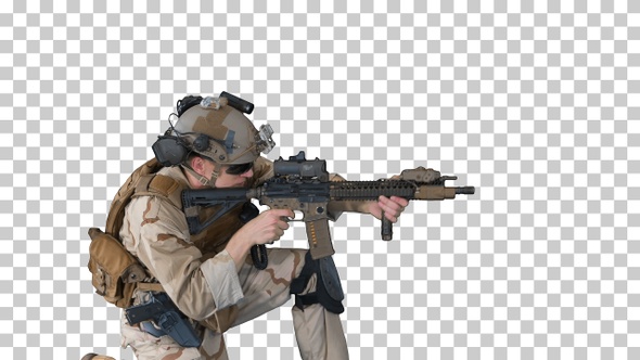 Paratrooper in uniform shooting from sitting, Alpha Channel alt