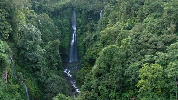 Panning Across a Rainforest Valley with Waterfalls