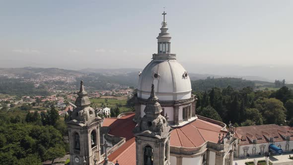 White dome and cathedral towers, Sameiro Sanctuary, Braga, Portugal. Aerial view alt