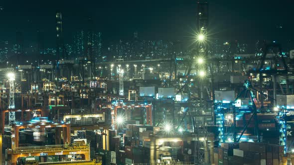 Panorama of Hong Kong Container Terminal at Night Timelapse Logistics Concept alt