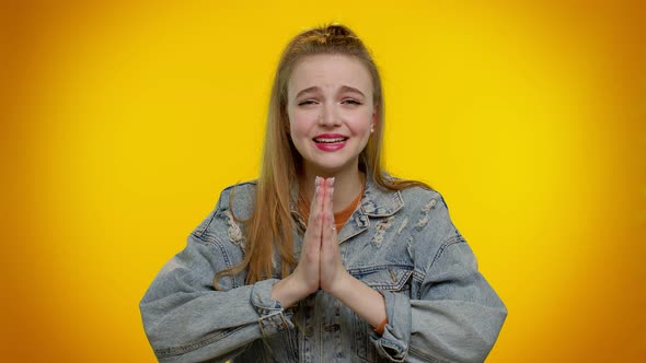Teen Student Girl Praying Looking Upward and Making Wish Asking God for Help Begging Apology alt