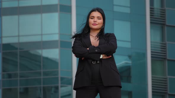 Young Hispanic Businesswoman Employee Company Standing Confidently Arms Crossed Outdoors on alt