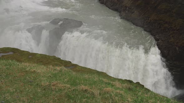 Cascade Of Famous Gullfoss The Golden Waterfall With Water Flows Over Rocks And Mist Fog In Iceland alt