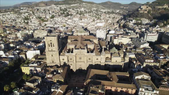 Granada Cathedral standing out above city of Granada, Spain; drone view