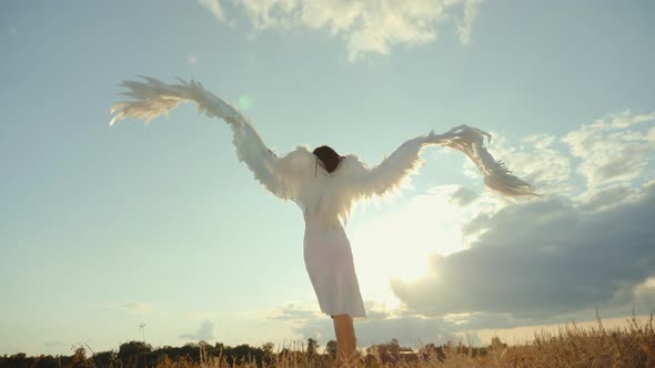 Woman in a White Dress Raises Angel Wings Up alt