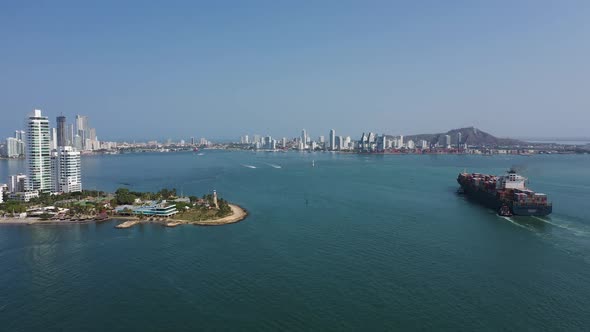 A Container Ship Enters the Harbor of Cartagena Colombia Aerial View