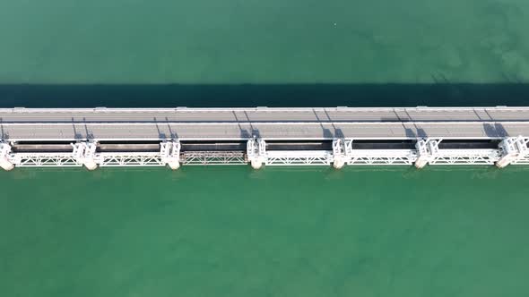 Overhead Top Down View of Oosterschelde Barrier Closable Storm Surge Barrier and Road alt