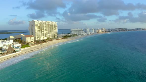 Aerial View of Cancun Mexico Showing Luxury Resorts and Blue Turquoise Beach alt