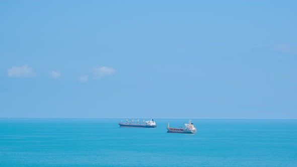 Seascape with cargo container industrial ships anchored waiting for entering Batumi port in Adjara alt