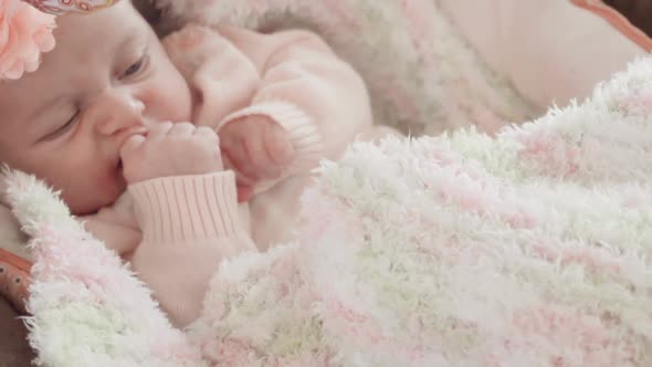Slow motion. Infant baby girl in pink and white stripes outfit. alt