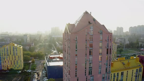 Top view of the colorful modern buildings, aerial footage from the drone alt