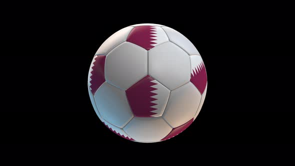 Soccer ball with flag Qatar, on black background loop alpha