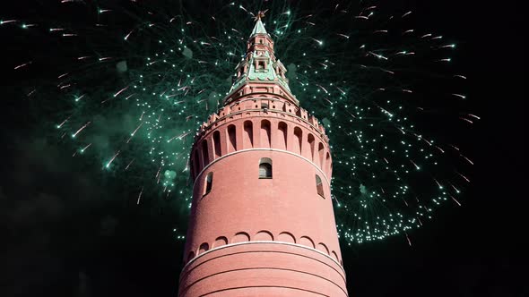 Celebratory colorful fireworks over the Moscow Kremlin, Russia