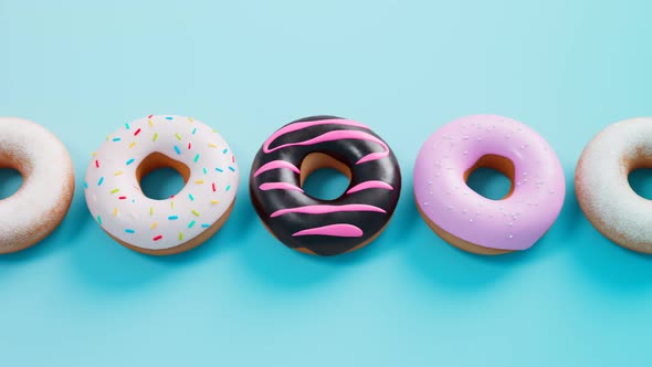 One row of colorful glazed donuts. Seamless looping animation. Sweet dessert. alt