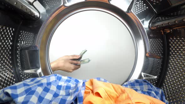 the housewife counts money near washing machine and passes it to master. alt