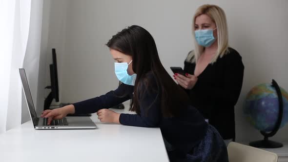 Little Girl Listen Online Lessons Webinar Distance Education at Home Due Quarantine Elearning alt