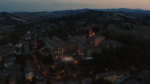 Aerial view of Castelvetro village by night. Modena Italy. alt