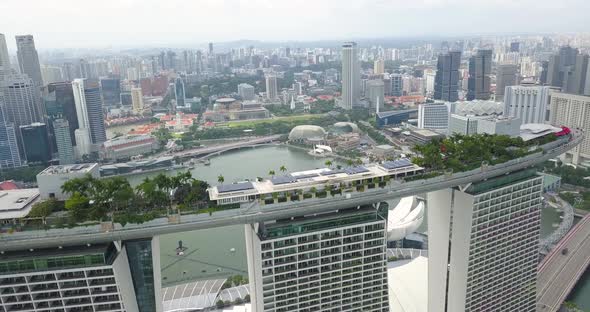 Aerial View of Marina Bay Sands with Pool, Garden, Restaurant on the Roof and Panorama of Singapore.