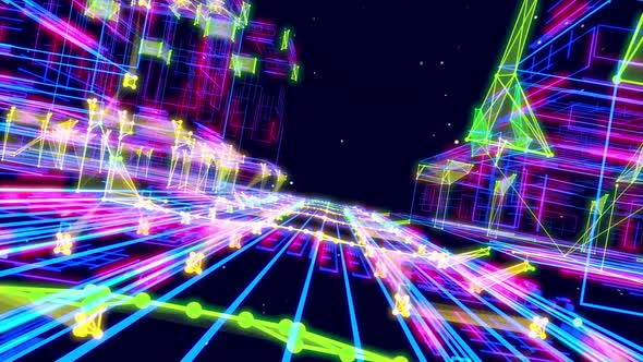Abstract Colorful Glowing Wireframe City Fly Thru