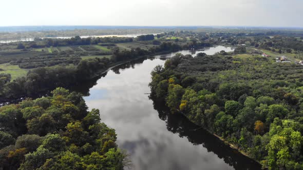 Aerial Drone Footage the River Between the Green Forest