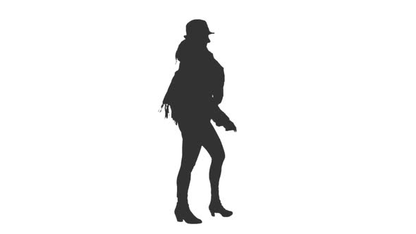 Silhouette of Young Attractive Woman in Hat Walks in the Street, Alpha Channel alt