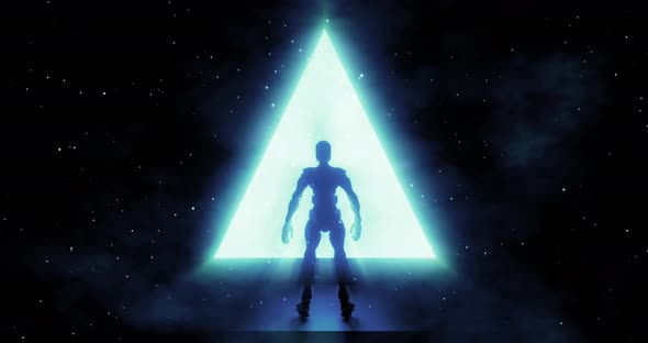 Blue triangular glowing Portal. Silhouette of robot standing in front of futuristic entrance alt