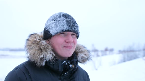 A Guy in Winter Park Face Closeup 