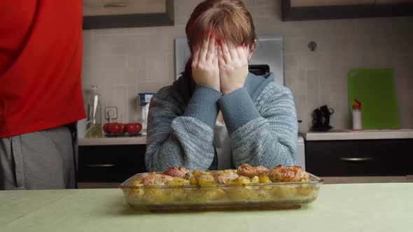 Brunette Woman Surprised Man Cooked Dinner for Woman at Home Potatoes with Chicken Home Cooking