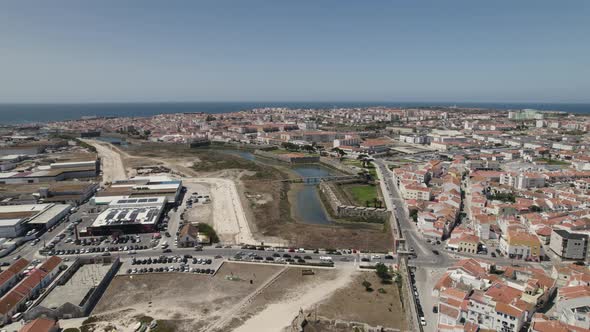 Aerial view of ancient defensive city walls of Peniche, Portugal