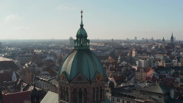 Close Up Aerial View of Cathedral Church Top with Christian Cross and Clock on Tower, Beautiful Old alt