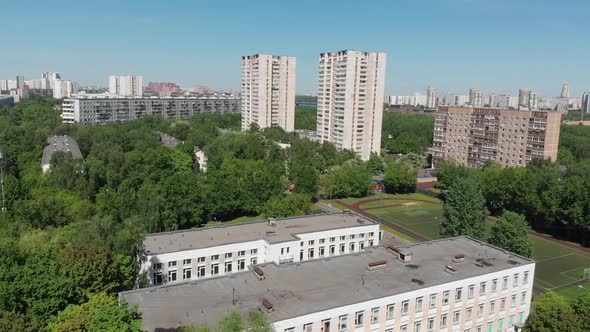 Top View of School, Sports Stadium and Residential Buildings in Moscow, Russia.