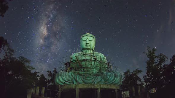 Giant Buddha with milky way moving in sky at night,