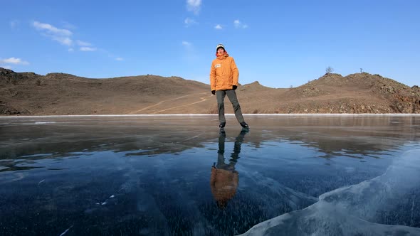 Ice Skating on Beautiful Baikal Lake, Russia