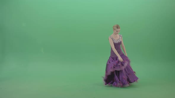 Royal Princess Girl Makes Reverence And Spinning In Violet Dress On Green Screen alt