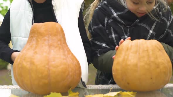 Cute Little Kids Making Pumpkin Lanterns for Halloween Party, Cold Fall Day, Joy alt