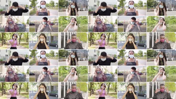 Compilation  Group of Multicultural People with Face Mask Puts on Face Masks and Looks to Camera alt