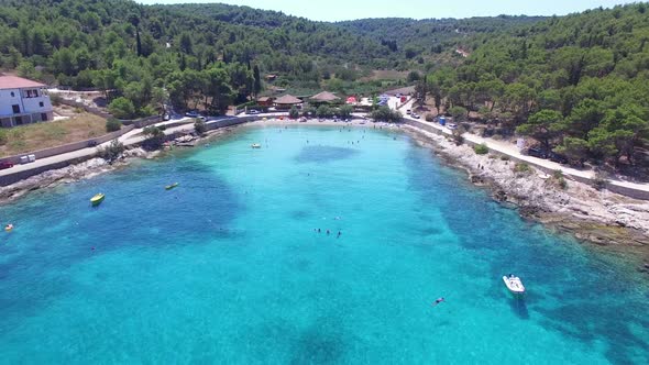 Flying over a breathtaking sandy beach on the island of Brac, Croatia alt