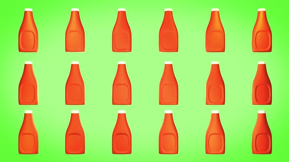 Fast food tomato ketchup bottles are sliding through the vivid background alt