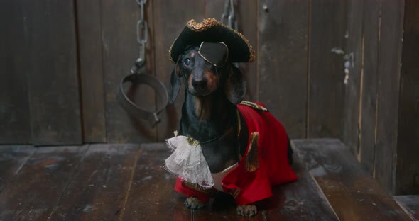 Adorable Dachshund Dog in Tricorn Hat and with Eye Patch Wearing Red Jacket with Gold Trim of the