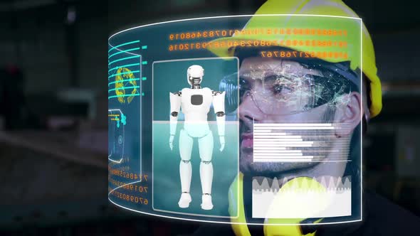Factory Worker Use Future Holographic Screen Device to Control Manufacturing alt