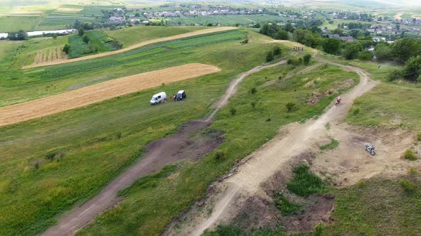 Aerial Top Down View of Motocross Track Showing the High-performance Off-road Motorcycles