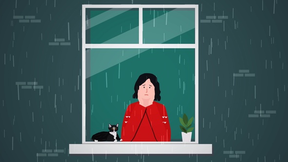 Sad Woman Looks Outside the Window, Watching the Rain - Depressed - Lonely - Cartoon Animations